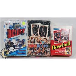 3 BOXES OF UNOPENED ASSORTED SPORTS CARDS