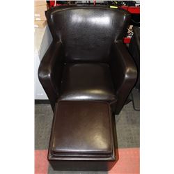 BROWN LEATHER CHAIR AND FOOT STOOL