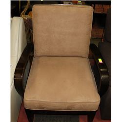 WOOD AND BROWN 31" MICROFIBRE ARMCHAIR.