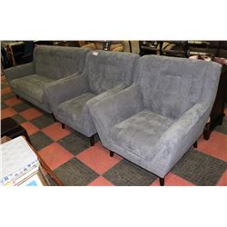 GREY FABRIC 82" SOFA WITH TWO 41" CHAIRS.
