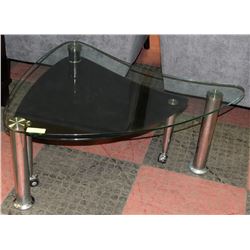 SWING OUT GLASS COFFEE TABLE, 36" W/ 26" SWINGOUT.
