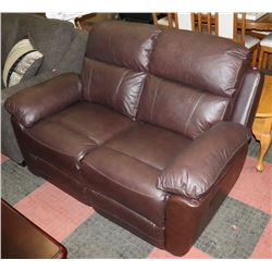 NEW BROWN LEATHERETTE RECLINING 59" LOVE SEAT.