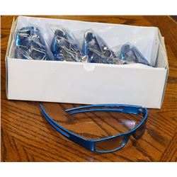 BOX OF BRIGHT METALLIC BLUE DESIGNER SUNGLASSES.