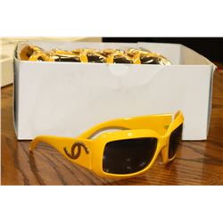 BOX OF YELLOW DESIGNER SUNGLASSES.