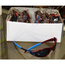 BOX OF RED AND BLUE OAKLEY STYLED SUNGLASSES.