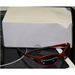 BOX OF RED OAKLEY STYLED SUNGLASSES.