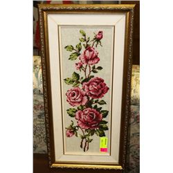 FRAMED NEEDLEPOINT FLOWER PICTURE.