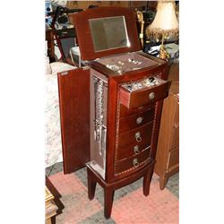 WOOD JEWELLERY BOX WITH CONTENTS, 16"X11.25"X40.5"