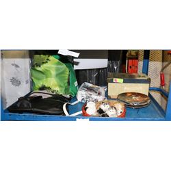 SHELF OF COLLECTOR PLATES, ANIMAL ORNAMENTS, PURSE