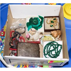 BOX WITH CAT ORNAMENTS, ASSORTED JEWELLERY AND