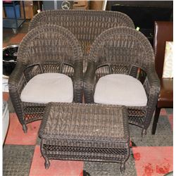WICKER BENCH WITH 2 CHAIRS AND STOOL.