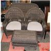 Image 1 : WICKER BENCH WITH 2 CHAIRS AND STOOL.