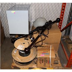 PALLET WITH WIRE, LIGHT FIXTURES AND FILING CABINT
