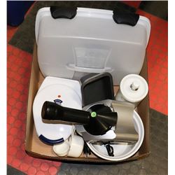 BOX W/KITCHEN ITEMS INCL. WAFFLE MAKER,