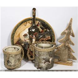 2 BARK CANDLE HOLDERS WITH GLASS INSERTS & ROPE