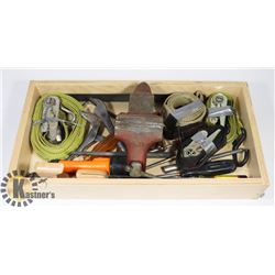 BOX OF ANVIL, VISE, SAW, ASSORTED STRAPS & ASST