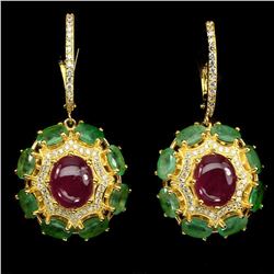 Oval Red Ruby 10x8mm Green Emerald Earrings