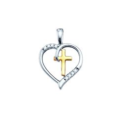 Sterling Silver Womens Round Diamond Heart & Cross Two-