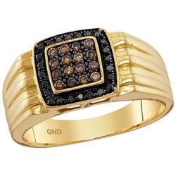 10kt Yellow Gold Mens Round Cognac-brown Black Colored