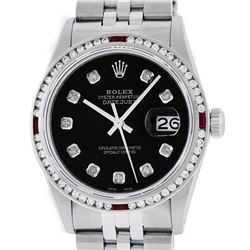 Rolex Mens SS Black Diamond & Ruby Channel Set Diamond Datejust Wristwatch