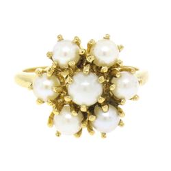 10k Solid Yellow Gold 7 Round Akoya Pearl Cluster Ladies Dinner Ring