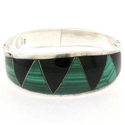 .950 Taxco Silver Designers Malachite & Black Onyx Inlay Bangle Bracelet