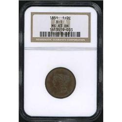 1851 Braded Hair Half Cent NGC MS63 RB