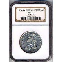 1834 Capped Bust Half Dollar NGC AU55 Sm Dt, Sm Lt, O-112 