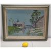 Image 2 : Framed Vintage Embroidery Art: Seascape w/ Shed & Seagulls 28" x 24"