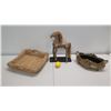 Image 2 : Vintage Wooden Horse w/ Straw Mane, Metal Footed Bowl, Woven Tray