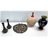 Image 1 : Qty 4 Vases & Round Wood Cut-Out Dish (Italy), 2 Black Vases