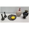 Image 2 : Qty 4 Vases & Round Wood Cut-Out Dish (Italy), 2 Black Vases