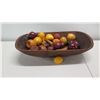 Image 2 : Oval Wooden Bowl with Decorative Fruit - Apples, Pears, etc (bowl 23"L x 13"W)