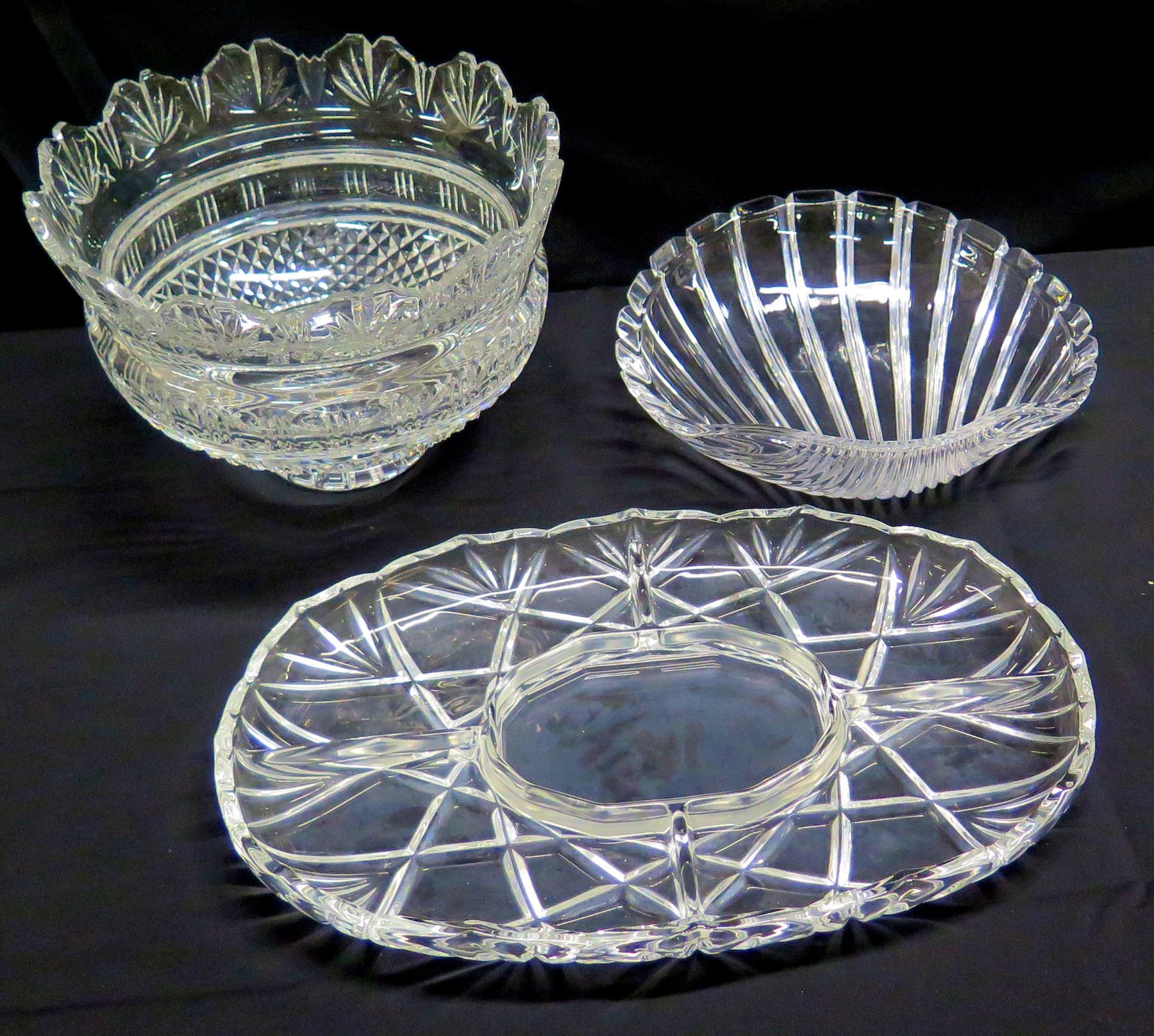 Qty 3 Cut Glass Pieces - Platter, Scalloped Edge Bowl & Shell Dish ...