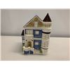 Image 1 : Decorative Blue & White Glazed Ceramic House with Tower, 11" Tall