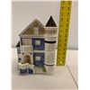 Image 8 : Decorative Blue & White Glazed Ceramic House with Tower, 11" Tall
