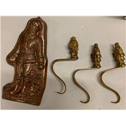 Santa Claus Cookie Cutter Mold Ornament & 3 Metal Santa Claus Stocking Hooks