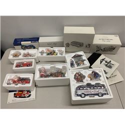 Large Lot of Miniature Snow Village Figurines, Bus, Starbucks Coffee Cart, Fire Truck, Car, etc.