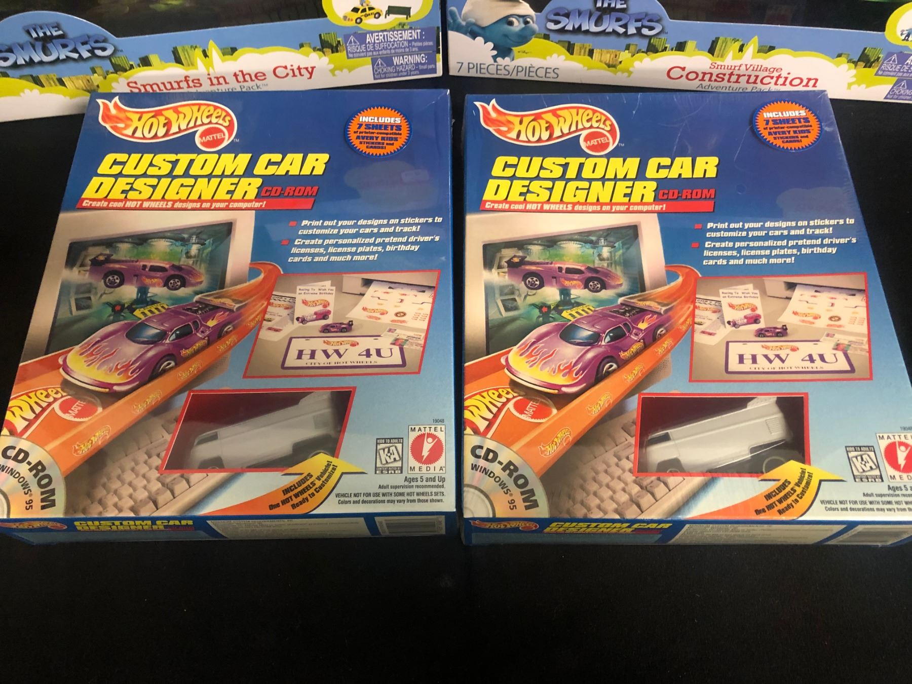 HOT WHEELS CUSTOM CAR DESIGNER CD ROMS & THE SMURFS TOY SETS