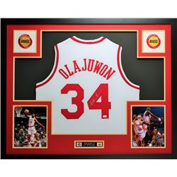 Hakeem Olajuwon Signed 35x43 Custom Framed Jersey Display (JSA COA)