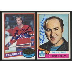 Lot of (2) Signed Hockey Cards with 1980-81 Topps #10 Guy Lafleur  1974-75 Topps #76 Red Kelly CO (J