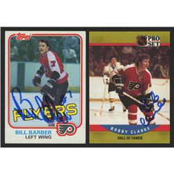 Lot of (2) Signed Philadelphia Flyers Hockey Cards with 1981-82 Topps #2 Bill Barber  1990-91 Pro Se