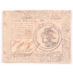 1777 $3 Three Dollars Continental Colonial Currency Note
