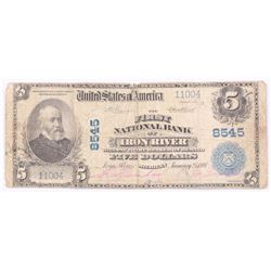 1902 $5 Five Dollars U.S. National Currency Large Bank Note - The First National Bank of Iron River,