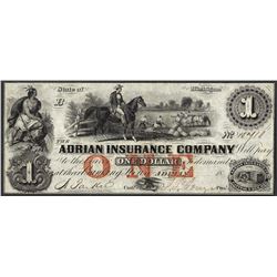 1800's $1 Adrian Insurance Company Michigan Obsolete Note