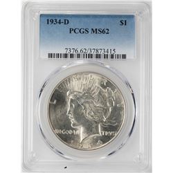 1934-D $1 Peace Silver Dollar Coin PCGS MS62