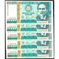 Lot of (5) 1988 Peru Diez Mil Intis Uncirculated Bank Notes