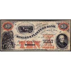 1860 $10 Miners & Planters Bank North Carolina Obsolete Note