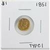 Image 1 : 1851 Type 1 $1 Liberty Head Gold Dollar Coin with Hole