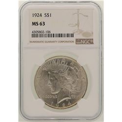 1924 $1 Peace Silver Dollar Coin NGC MS63